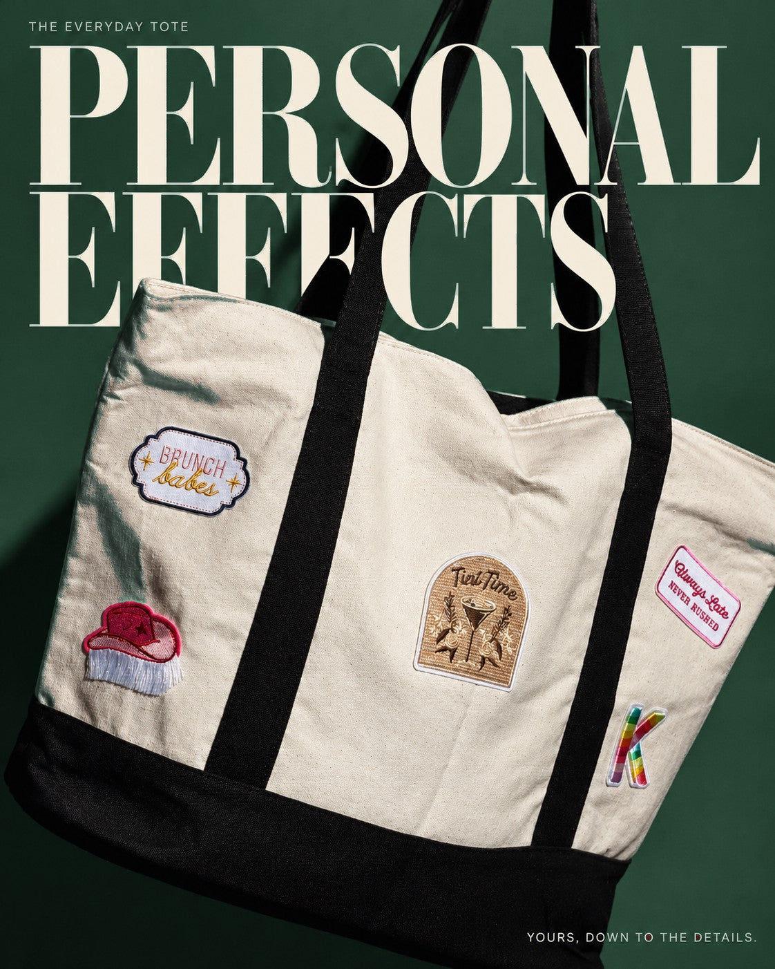 The Everyday Tote with five patches under the headline Personal Effects