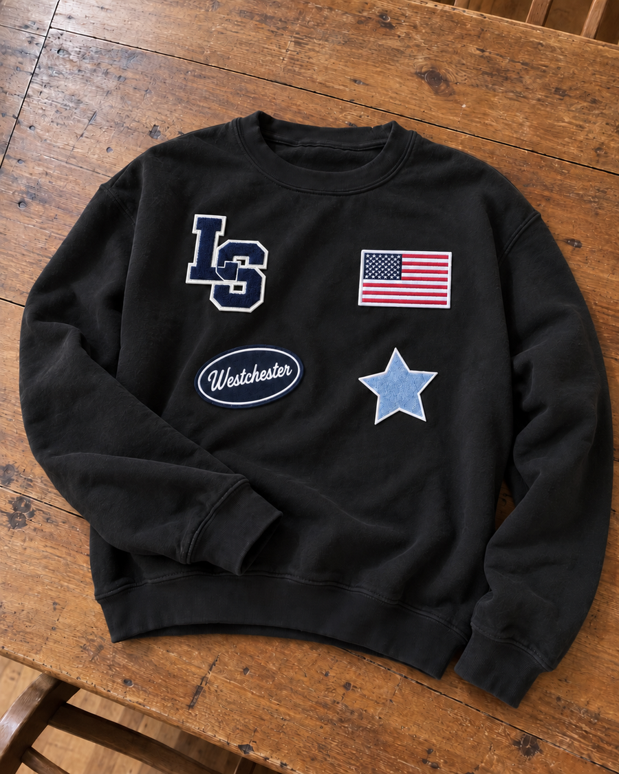 Washed black patch crewneck with LS monogram, flag, Westchester and star patches
