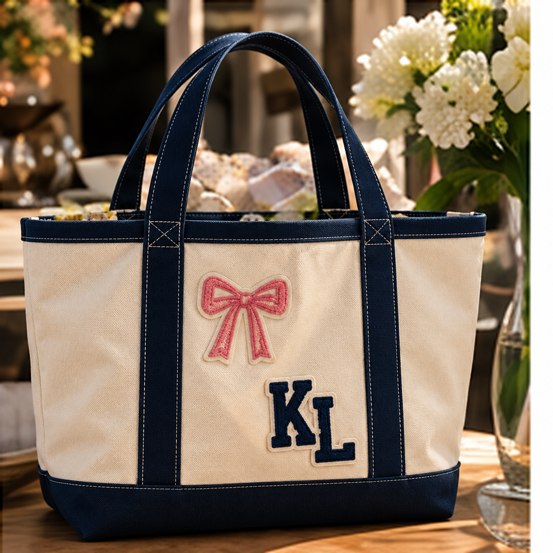 Monogrammed canvas tote bag with navy KL letter patches and a pink bow patch