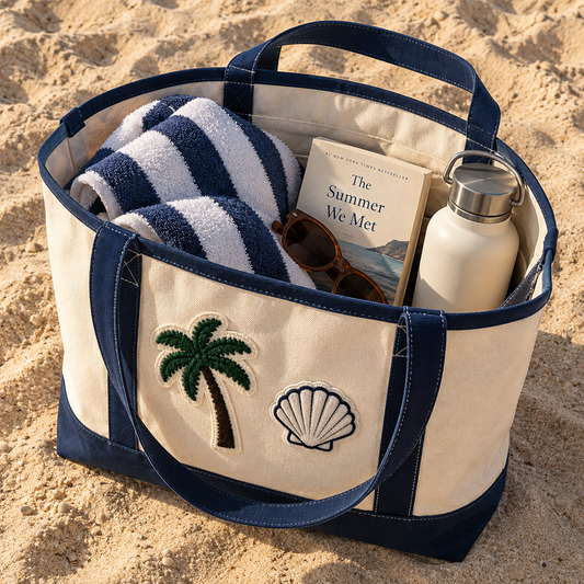 Canvas beach tote bag with palm tree and seashell patches on the sand