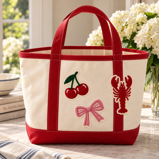 Natural and red canvas tote bag with cherries, pink bow and lobster patches, a personalized Christmas gift