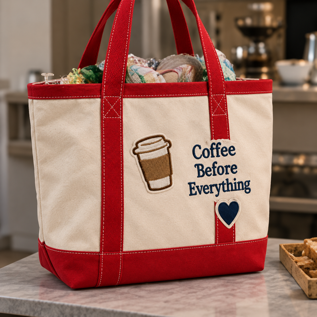 Personalized red and natural canvas tote with Coffee Before Everything patches, a college gift idea