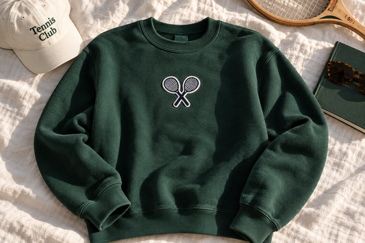 Green tennis club crewneck sweatshirt with a crossed tennis rackets patch