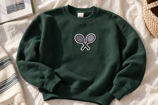 Custom forest green crewneck sweatshirt with a tennis rackets patch, laid flat