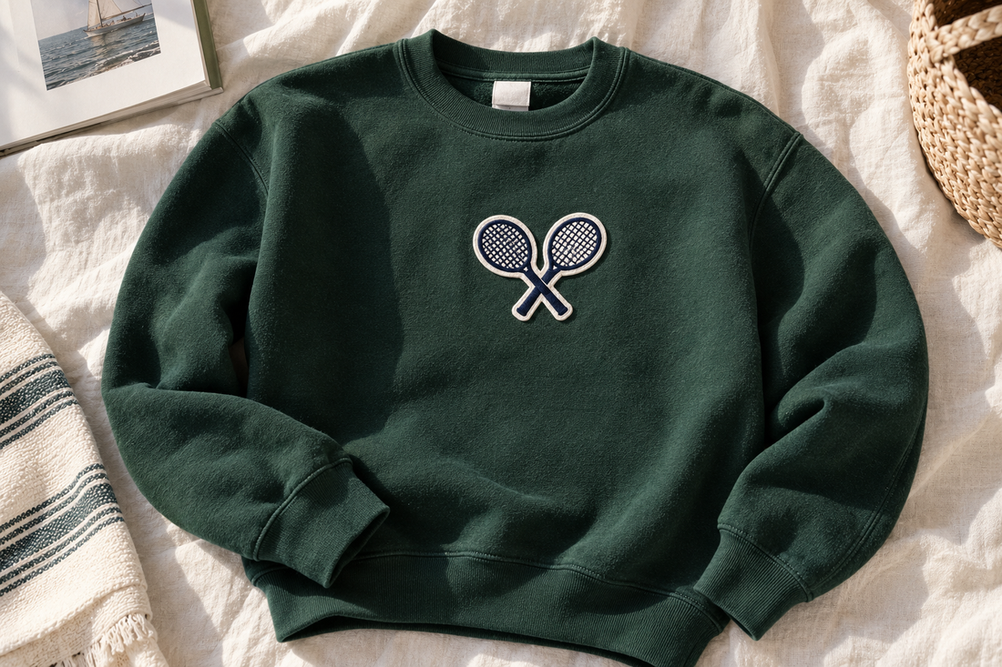Hunter green crewneck sweatshirt with a tennis rackets patch, custom team spirit wear