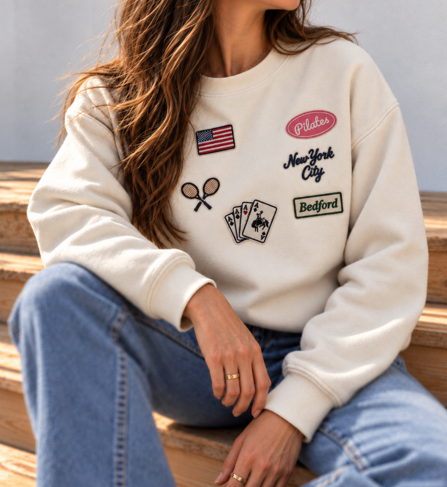 Cream patch crewneck with flag, Pilates, New York City, tennis, aces and Bedford patches