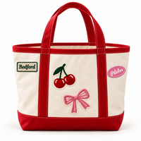 The Everyday Tote in Natural & Red with Bedford, cherries, pink bow and Pilates patches