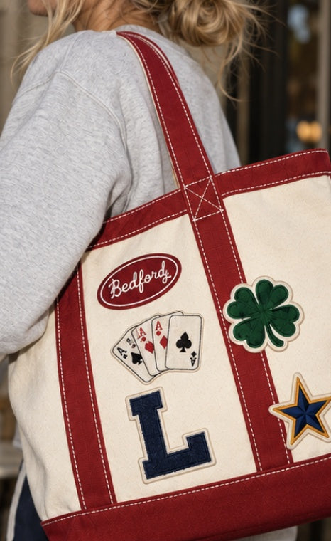 Natural and red Everyday Tote with Bedford, aces, L, clover and star patches