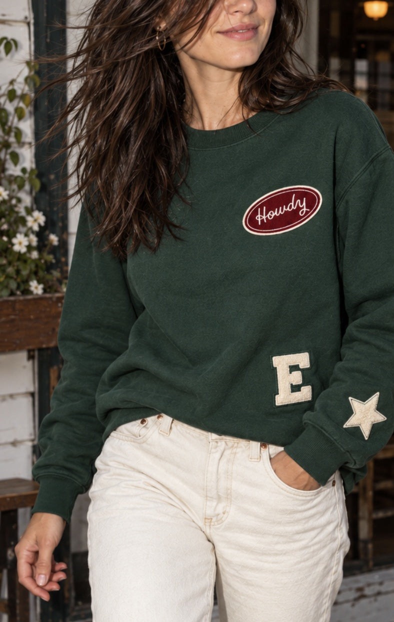 Green Patch Crewneck with Howdy, E and star patches