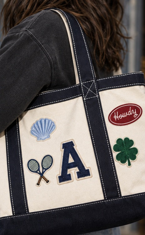 Natural and navy Everyday Tote with seashell, tennis, A, Howdy and clover patches